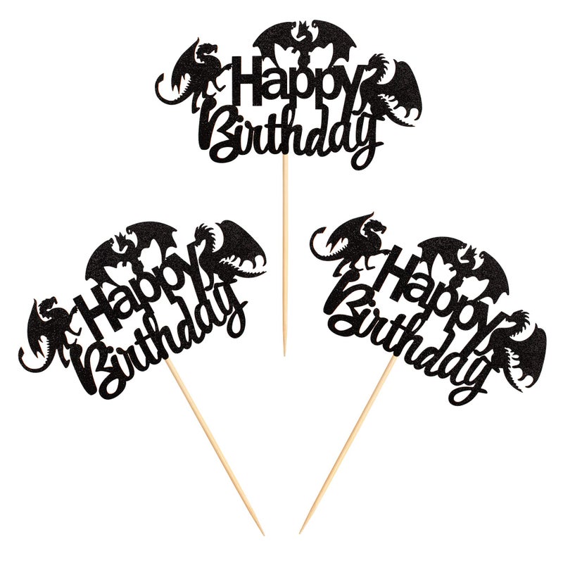 Ercadio 1 Pack Dragon Happy Birthday Cake Topper Black Glitter Dinosaur Cake Pick Decoration for Dragon Theme Birthday Party Supplies - Image 5